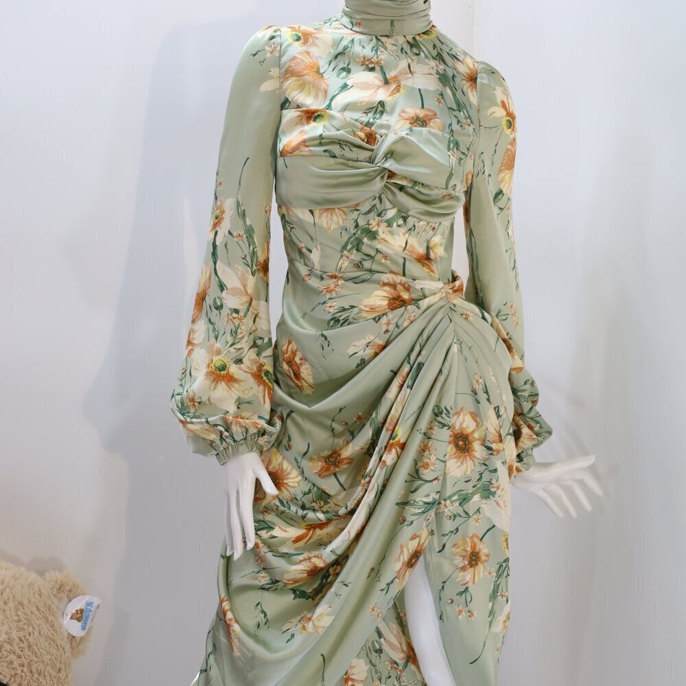 Sage Green Floral Twist Bust Draped Midi Dress Size 6 US NWT - Picture 2 of 6